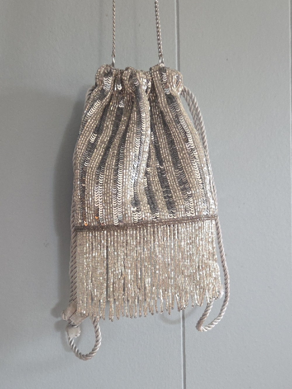 Silver Sequin Fringe Drawstring Evening Bag